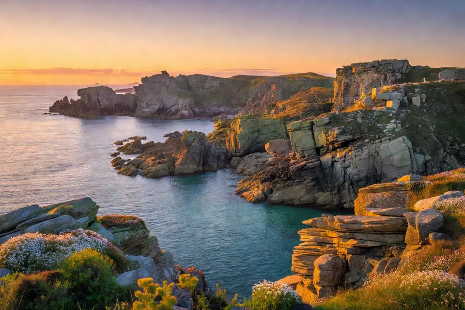 Coucher de soleil sur la presqu'île de Crozon avec des promeneurs au bord de l'eau