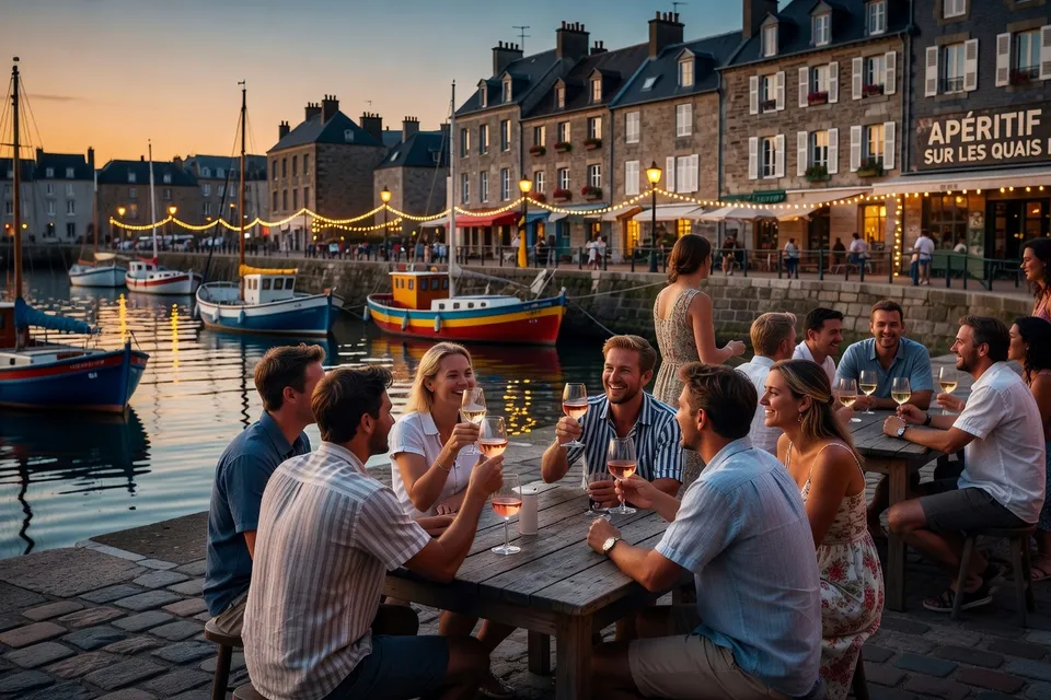 Apéro célibataires en bord de mer à Brest en juin, groupe convivial sur les quais au soleil