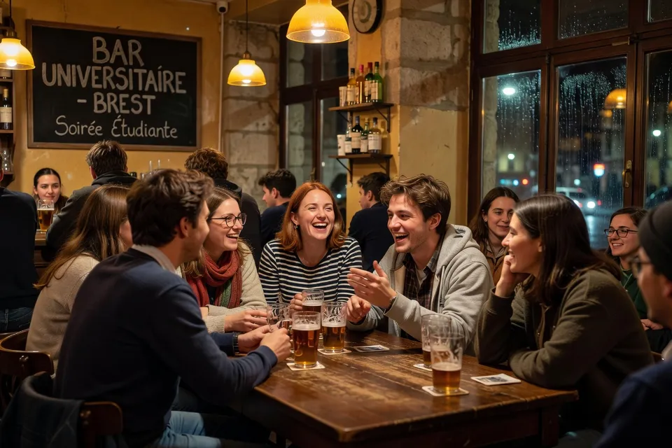 Groupe d'étudiants dans un bar brestois de la rue de Siam, ambiance nocturne animée