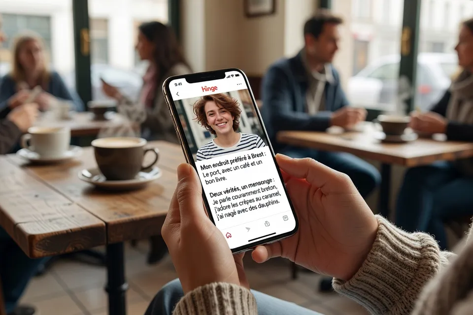 Interface Hinge avec exemples de prompts utilisés par des célibataires brestois