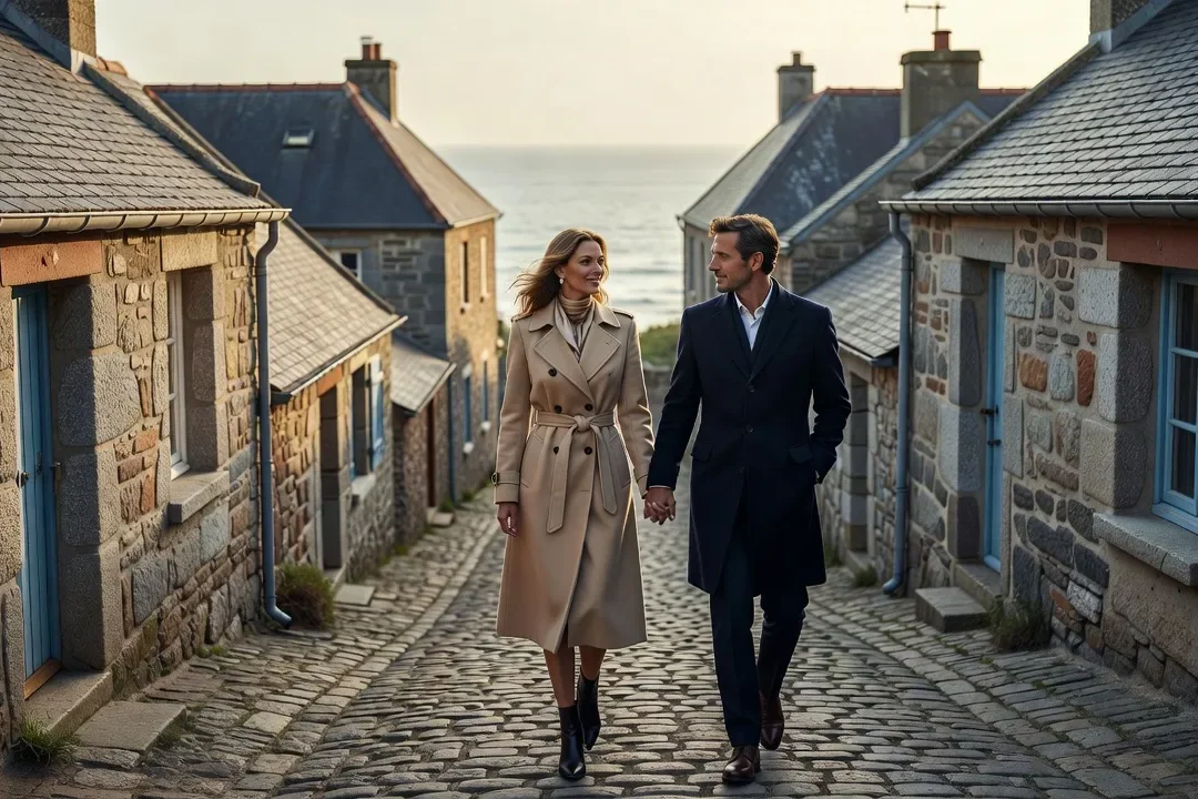 Couple marchant dans les ruelles du village de l'île de Molène face à la mer