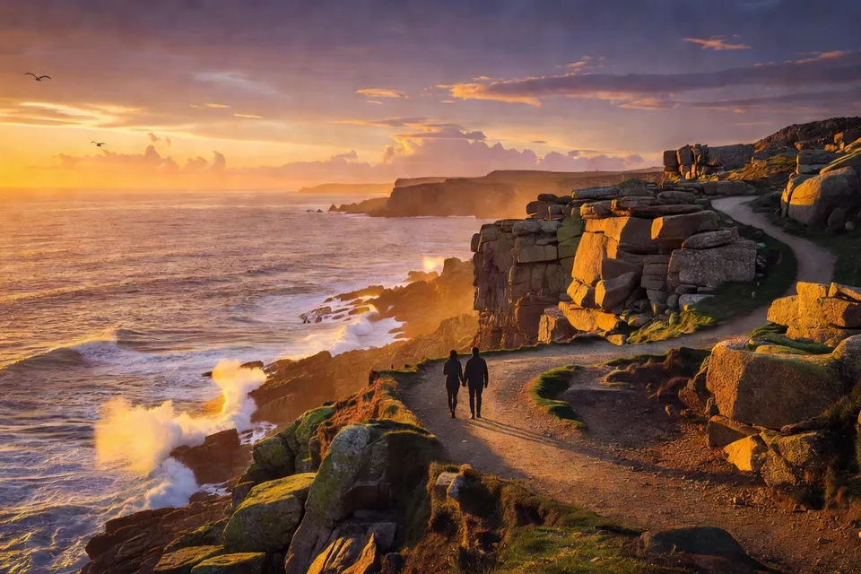 Sentier côtier breton en Finistère, couple en promenade romantique face à l'Atlantique