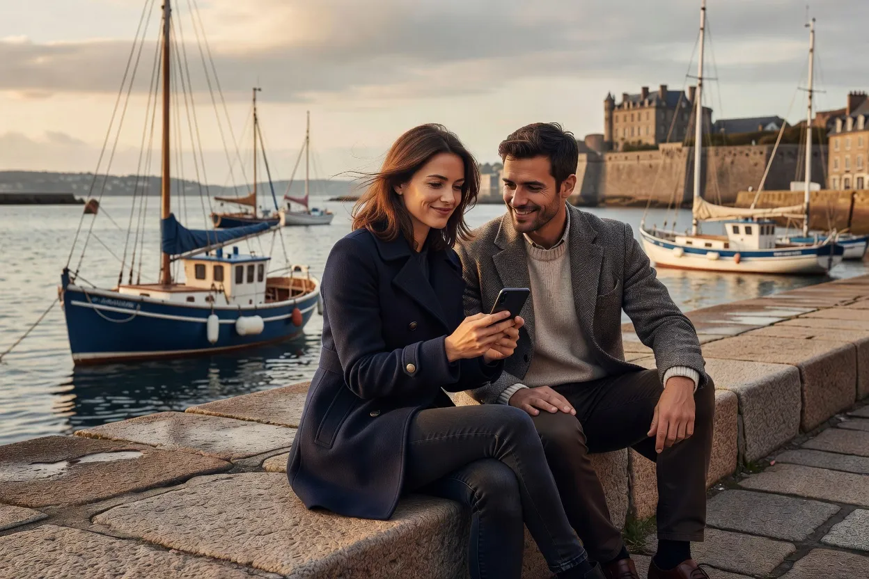 Téléphone affichant une conversation de rencontre à Brest