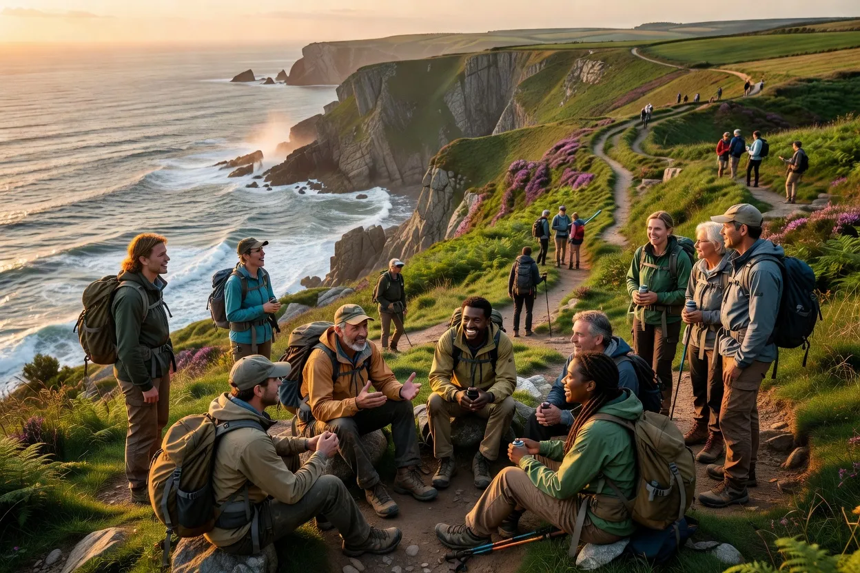 Groupe de randonneurs partageant un moment convivial après une sortie sur le GR34