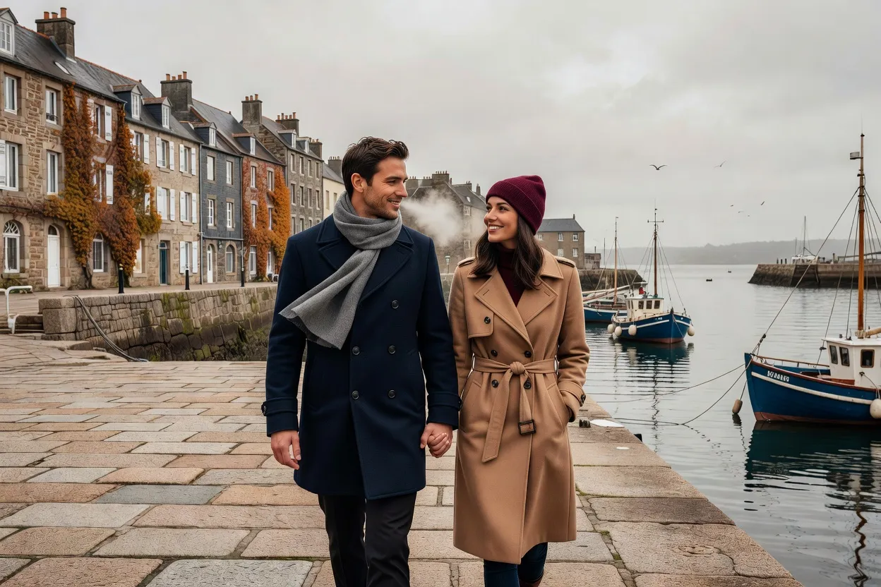 Couple admirant la rade de Brest en automne