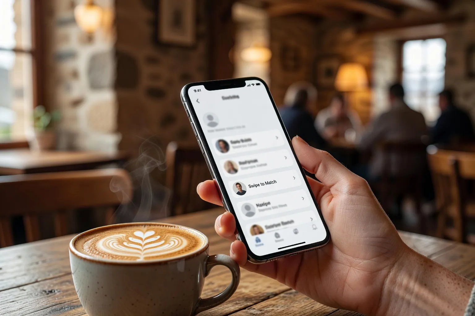 Smartphone affichant une application de rencontre dans un café brestois