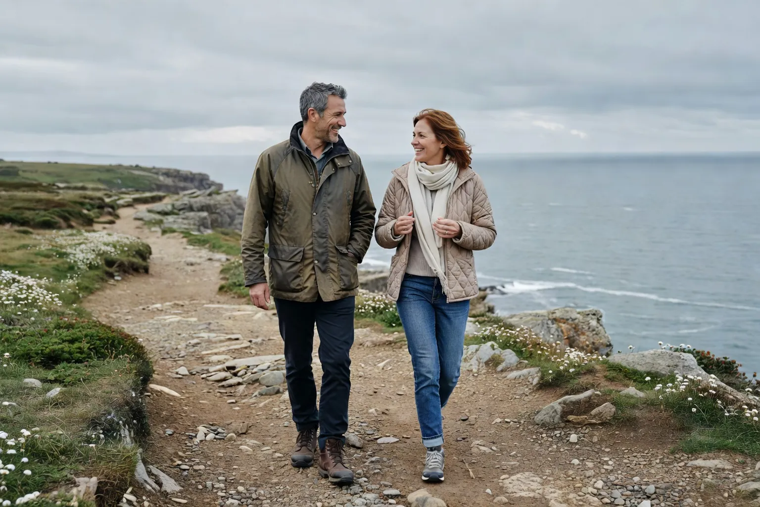 Couple breton se promenant le long de la côte du Finistère, paysage naturel