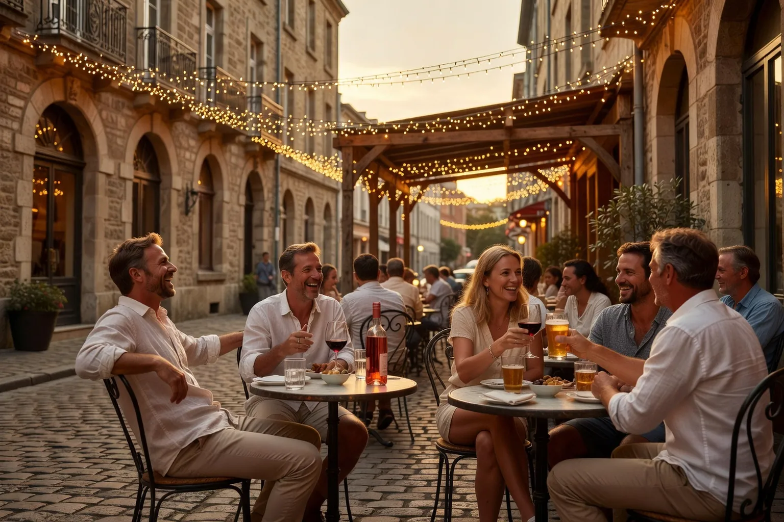 Terrasse de bar du quartier Saint-Martin Brest avec couples et célibataires en discussion
