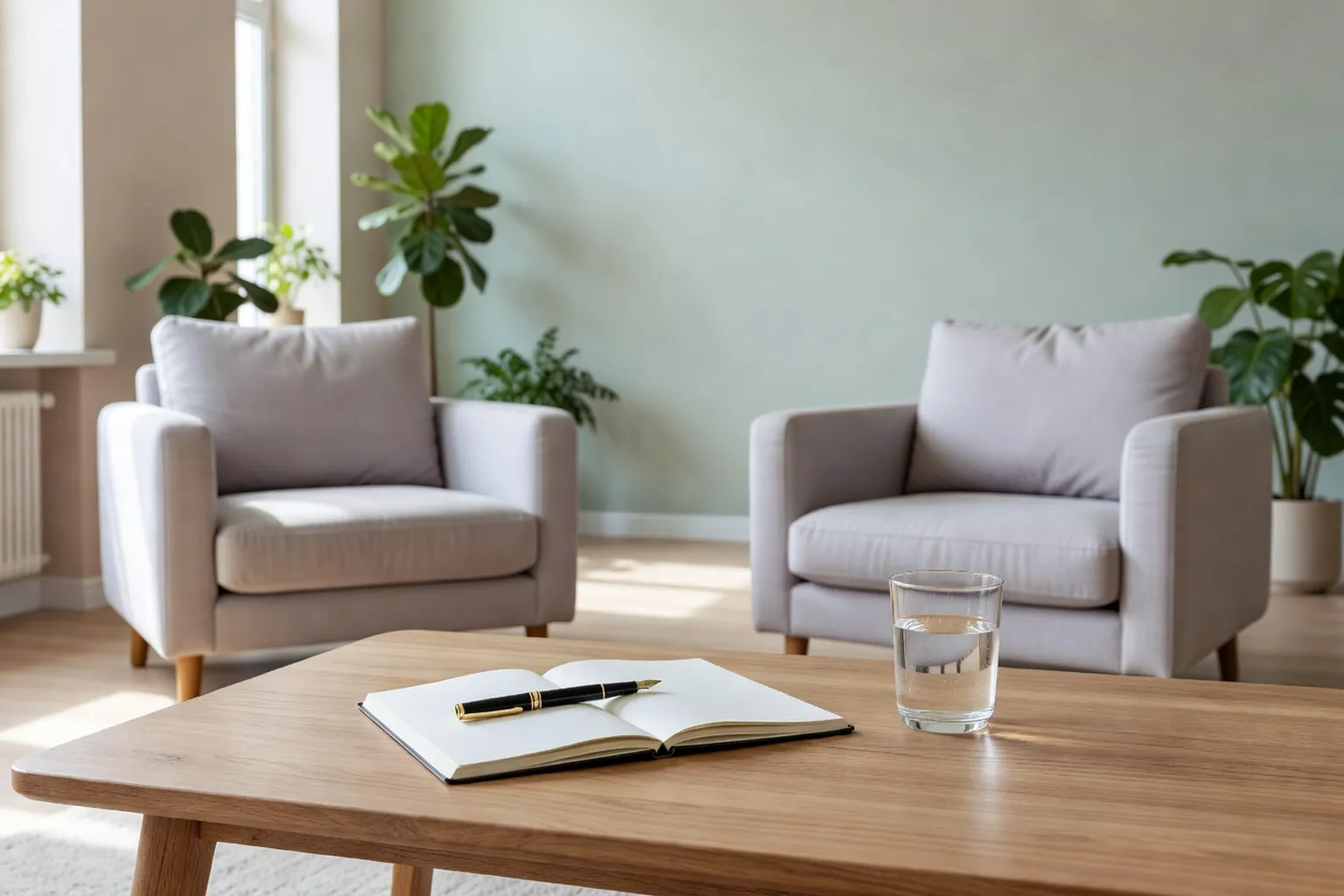 Salle de consultation lumineuse d'une psychologue à Brest, fauteuils en bois clair et plante verte