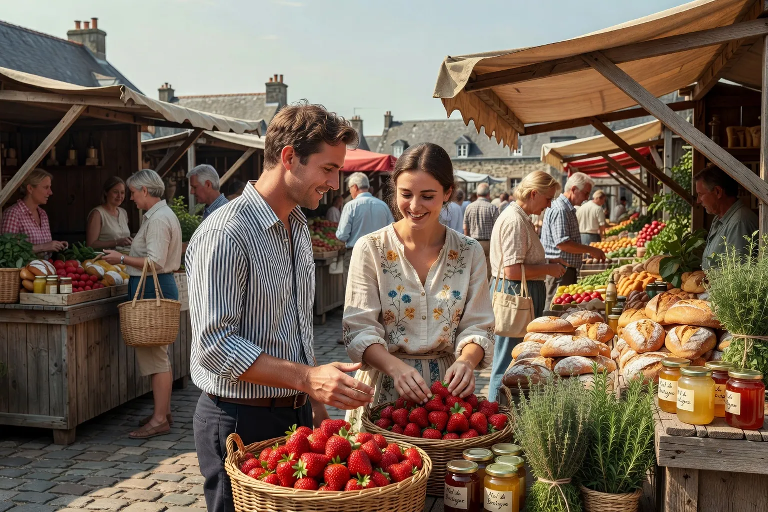 Marché traditionnel breton avec couple discutant, ambiance authentique de Bretagne