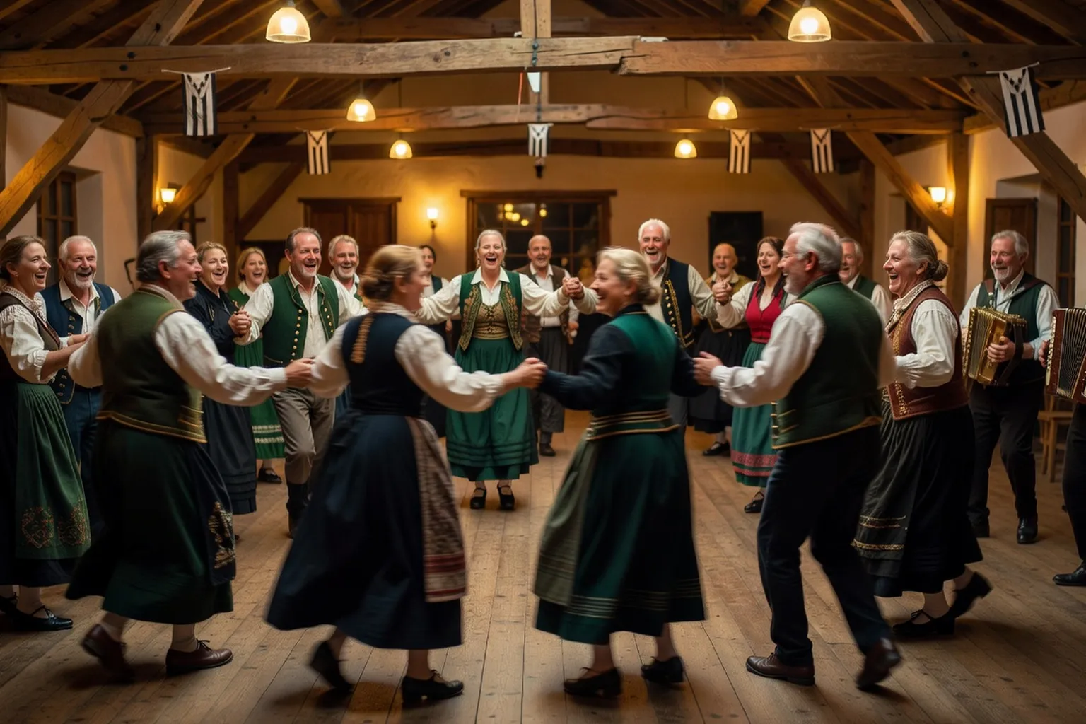Fest-noz traditionnel breton avec couples dansant, ambiance festive et culturelle