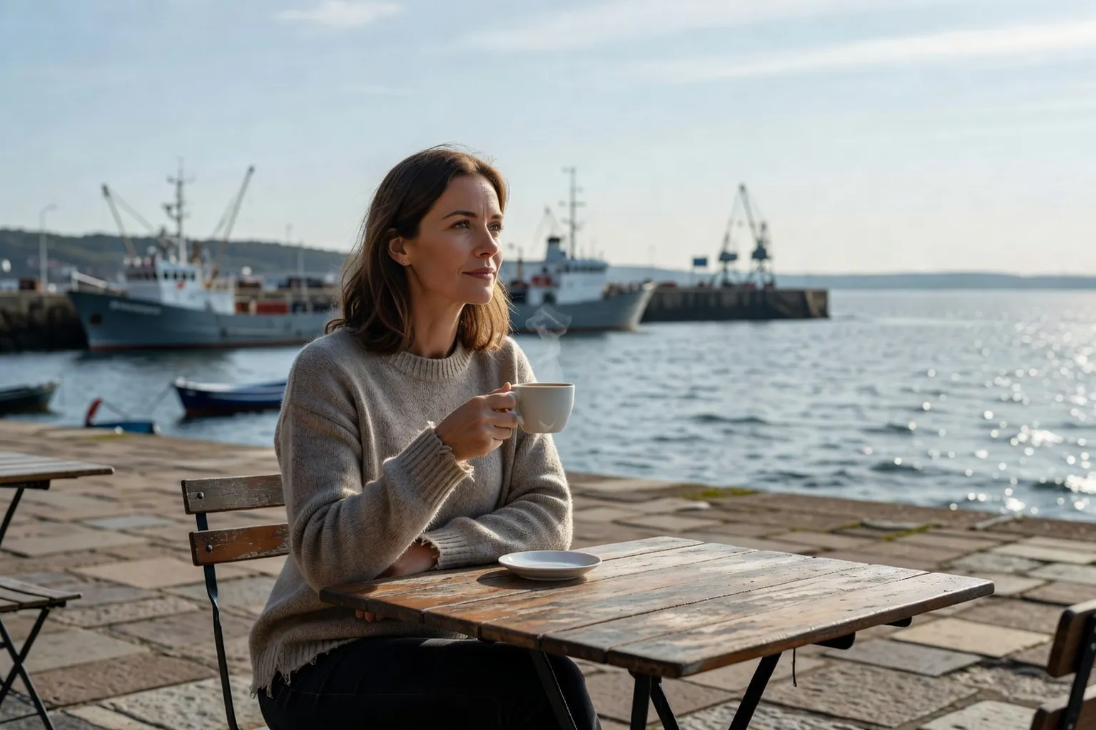 Femme caucasienne fin trentaine assise seule en terrasse de café face au port de Brest, regard pensif tenant une tasse, atmosphère douce et lumineuse