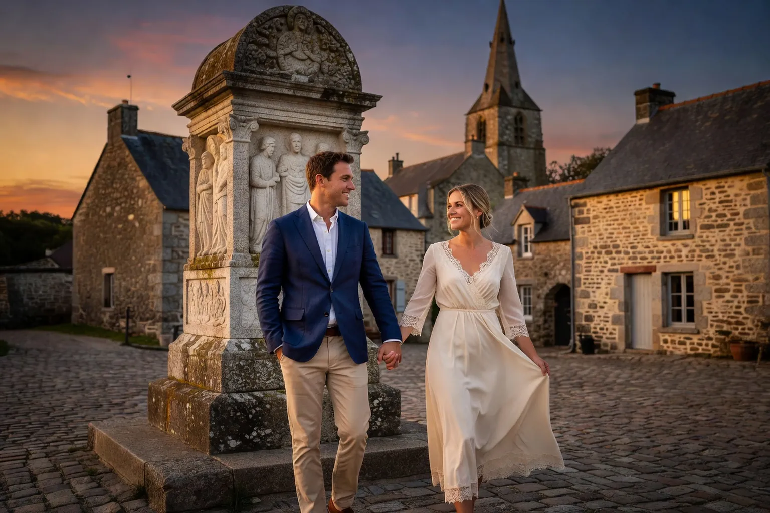 Couple breton de jeunes mariés en tenue élégante devant un calvaire de village au crépuscule, lumière dorée, ambiance traditionnelle et solennelle