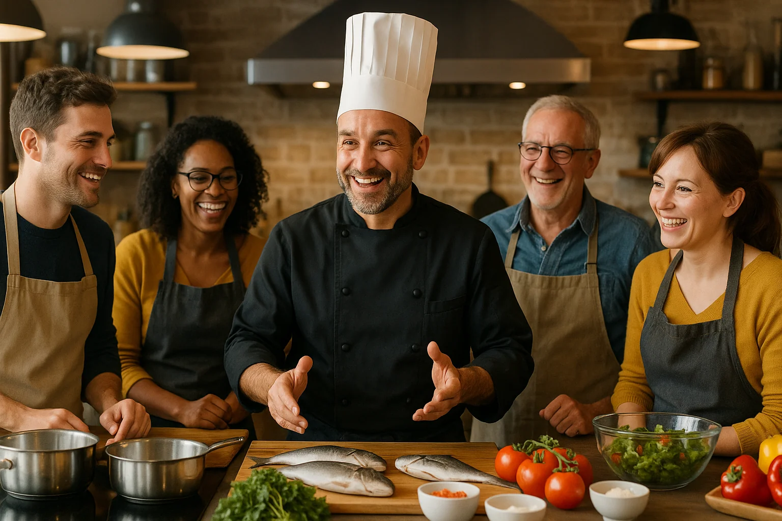 Groupe de participants souriants autour d'un chef dans un atelier de cuisine brestoise