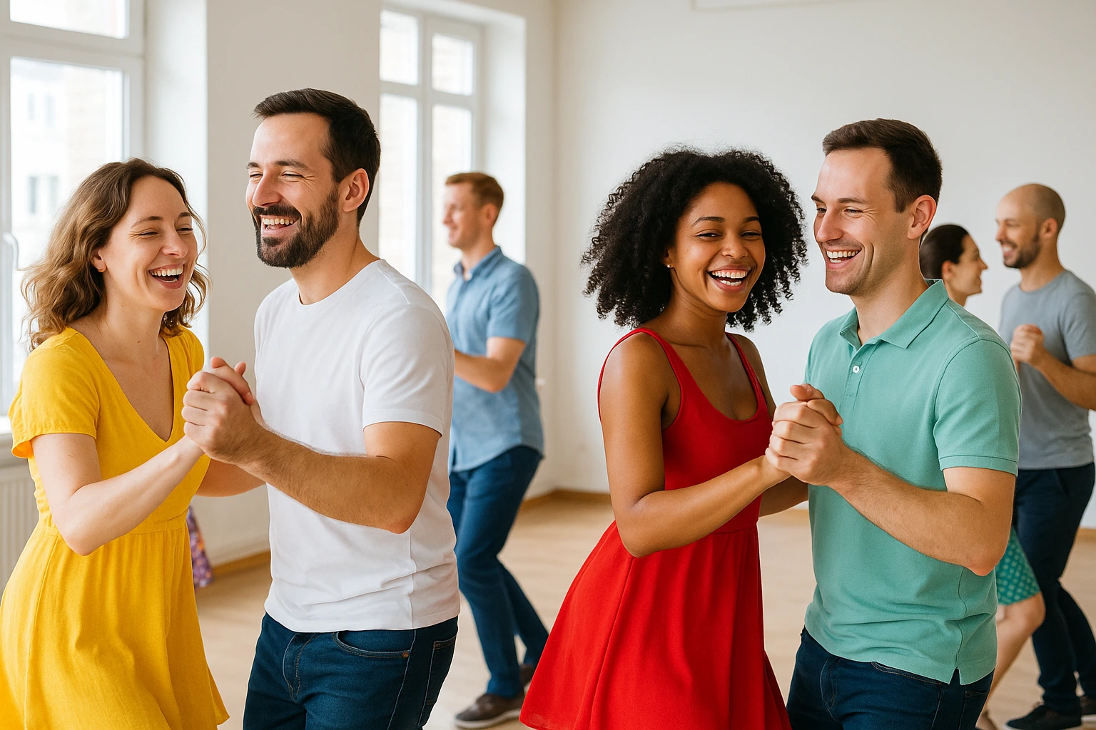 Groupe de danseurs souriants lors d’un cours de salsa à Brest, partenaires tournant en rythme