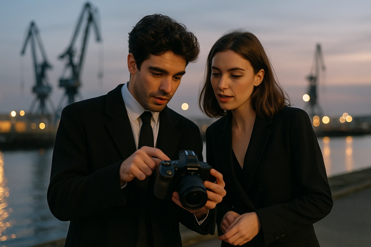 Deux photographes brestois discutent de leur cadrage sur les quais du port de commerce au crépuscule