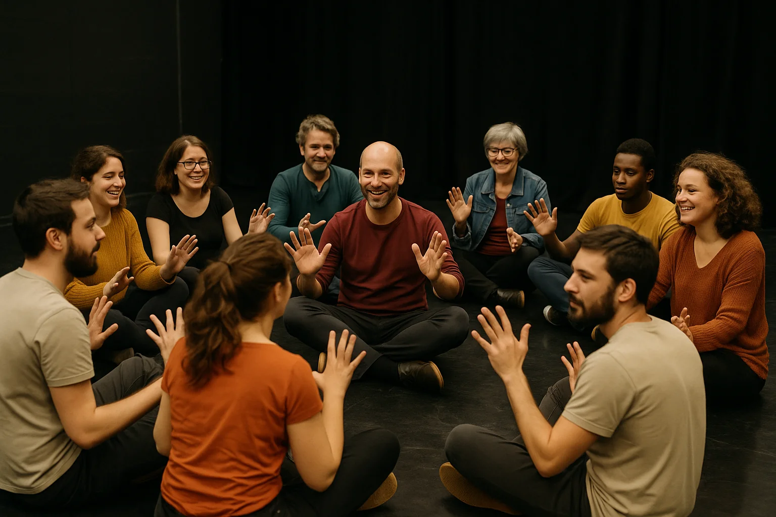 Groupe de participants à un atelier de théâtre amateur à Brest, assis en cercle