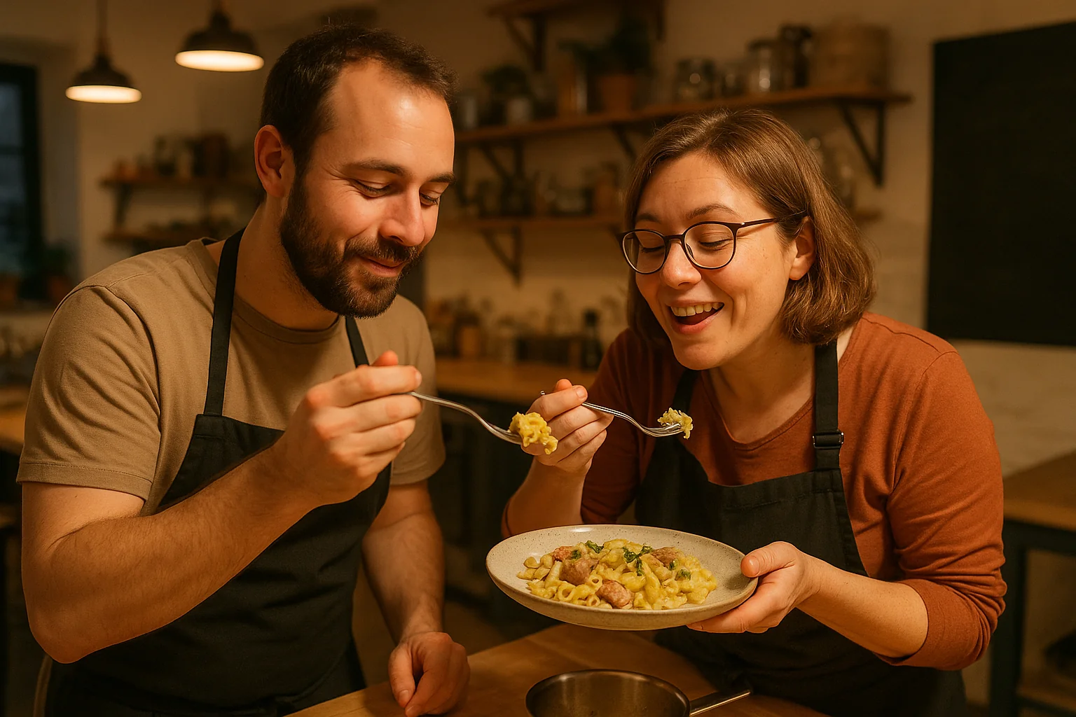 Deux personnes dégustant un plat qu'elles ont préparé lors d'un atelier culinaire à Brest
