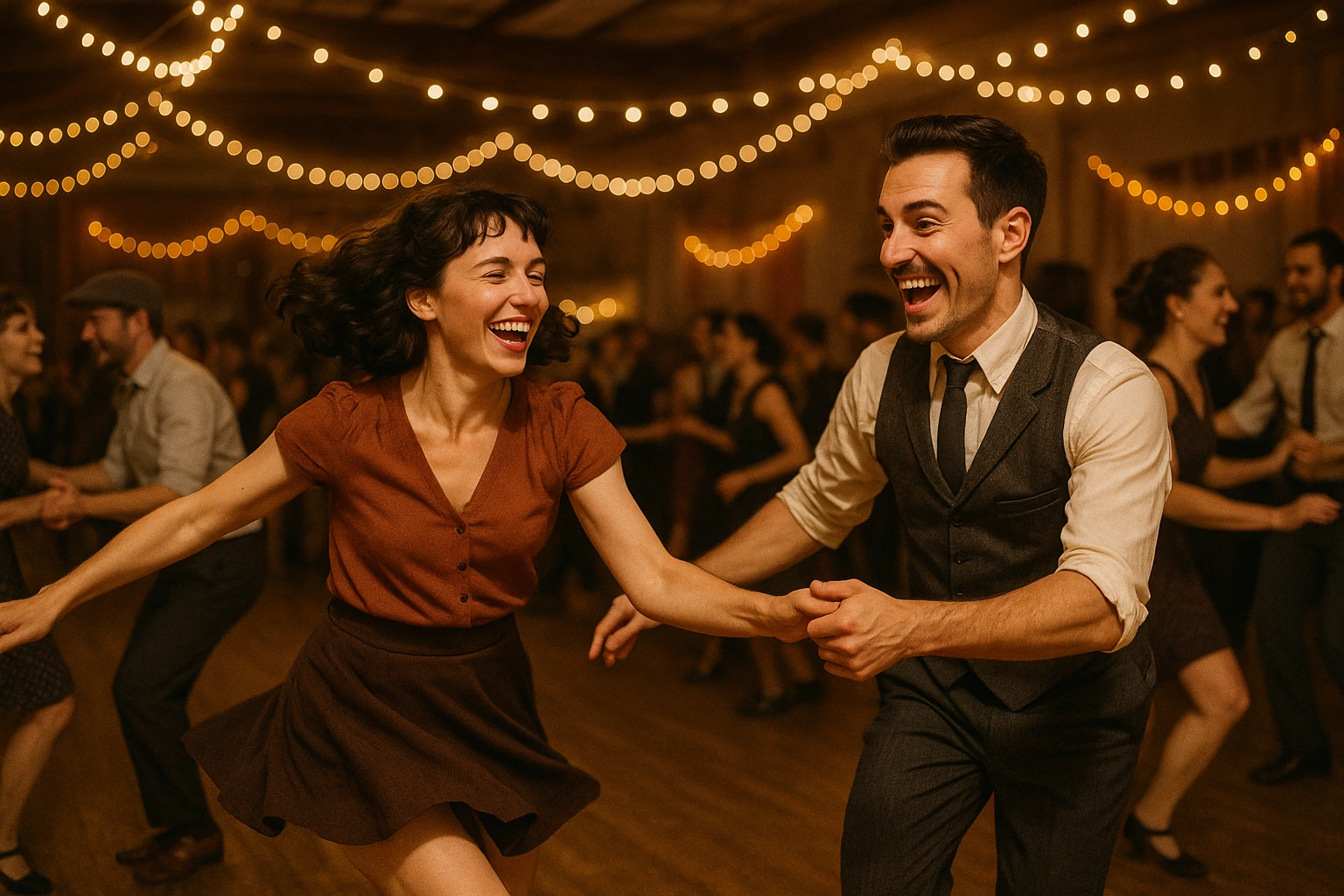 Danseurs de Lindy Hop en mouvement lors d’une soirée swing à Brest, ambiance rétro et sourires