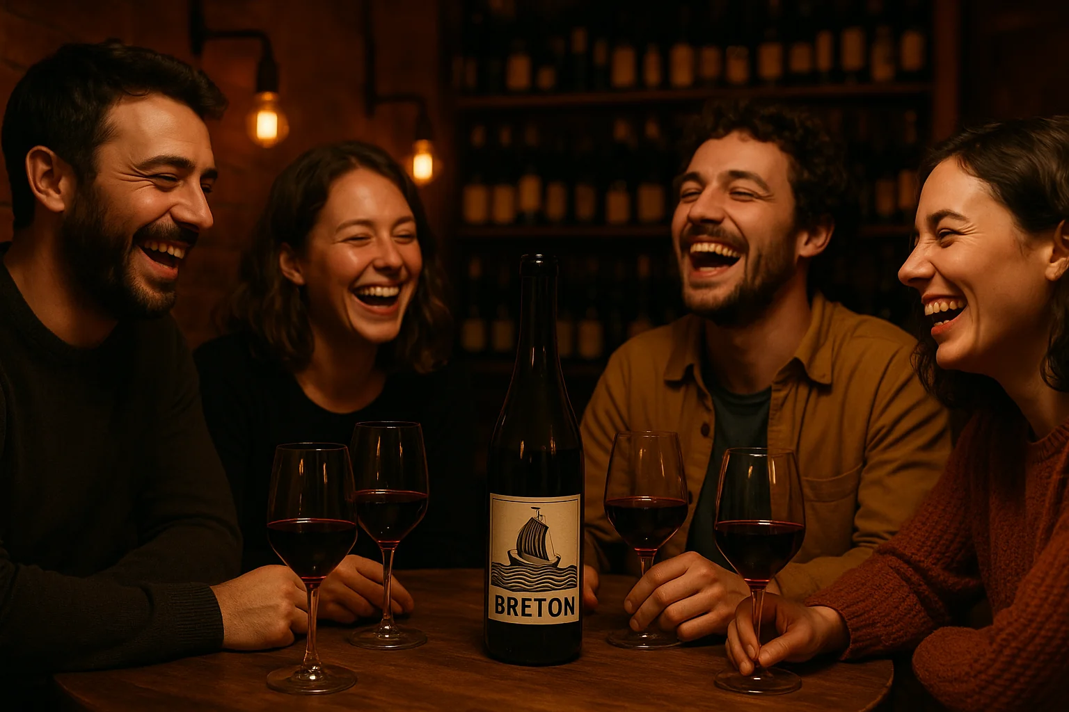 Amis riant autour d'une bouteille de vin breton dans un bar à vin de Brest